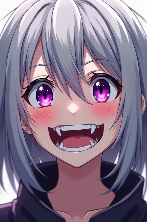 An anime girl with disheveled silver hair, purple amethyst eyes, crazy expression, wide smile, Yandere,
Close up