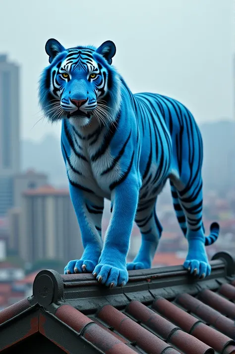 Photo of a blue tiger on top of a roof 