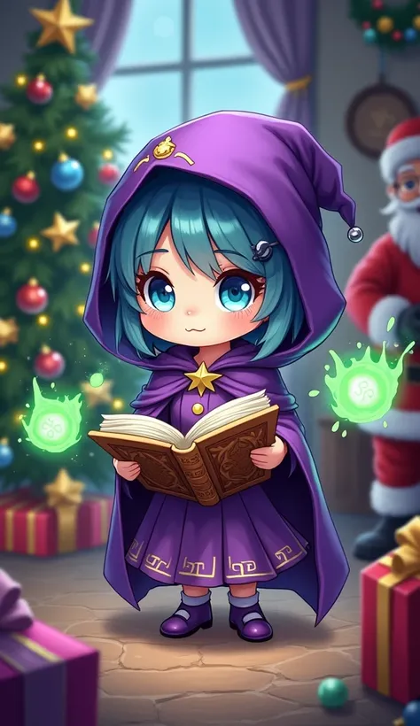  Sorceress chibi version of purple clothes, blue eyes and purple cape ,  with magic circle , reading a magic book,  that come out green souls , Christmas decorations,  Christmas tree ,  gifts and Santa Claus 