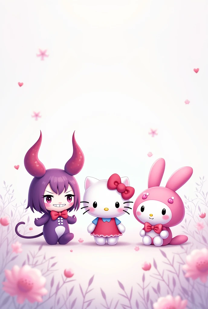 Kuromi , my melody, Hello kitty,  in white colors , fuchsia and purple