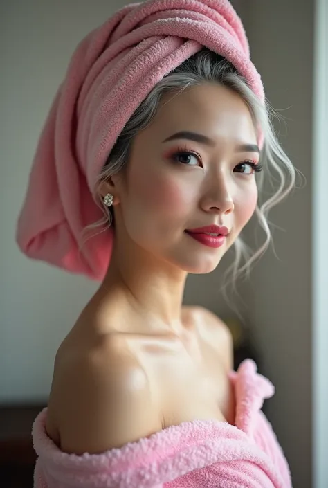 A sexy still very young looking 50 yearsold mature Filipino girl with a pink hair towel completely covering her head she is getting married wearing a pink bathrobe standing in a makeup room High-key lighting Style, 1girl, sol o,,gray hair, completely gray ...