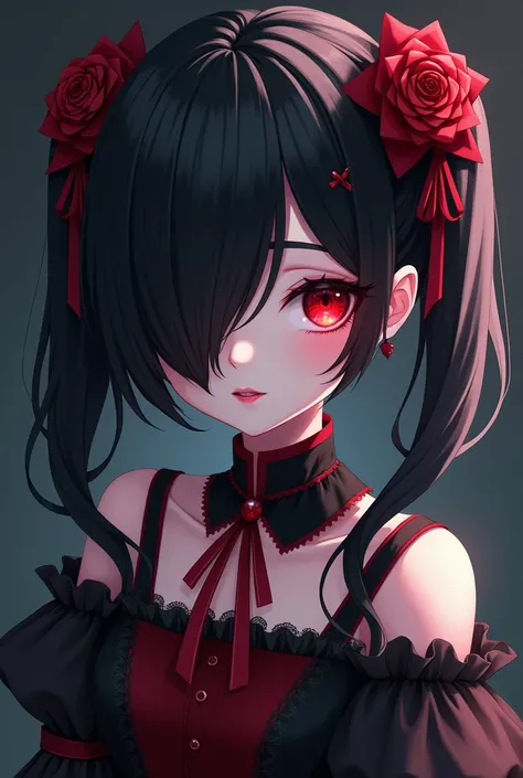 Create me an anime girl with pigtails , That her hair has a hairstyle that covers her left eye and the other eye is red with gothic clothing Lolita in black and crimson and with black hair 