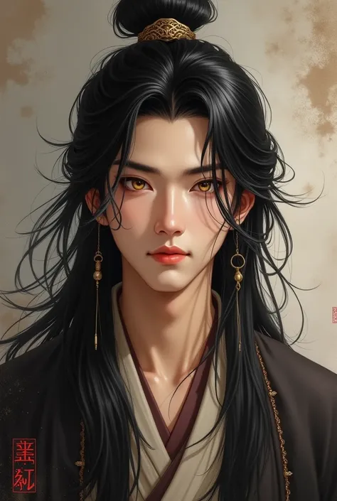     He is a very handsome young man with long and thick black hair, in addition to his smooth white skin with his perfectly sculpted face.  His golden eyes had a unique shine . .  His sword-like eyebrows, thin nose and sharp jawline made his face look immo...