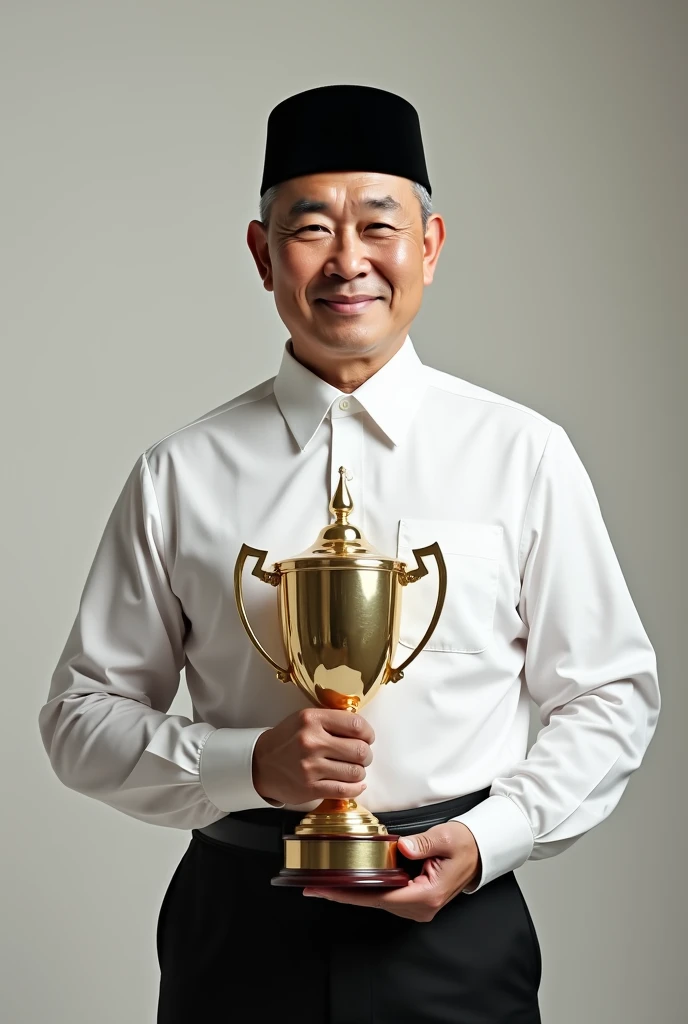 Make a picture of a man wearing a black songkok in a long sleeve white shirt holding a trophy