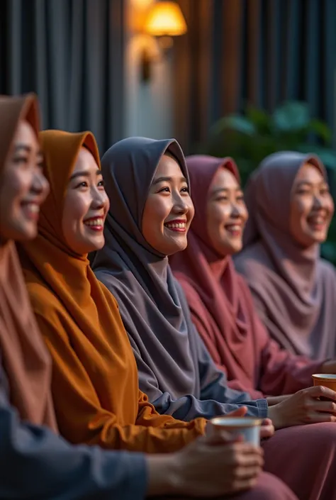 Real life photo of 5 malay girl wearing hijab laughing watching korean movie