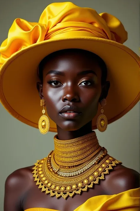 Portrait of a woman with yellow jewelry with yellow satin hat in the style of African women, most of the jewelry in question 