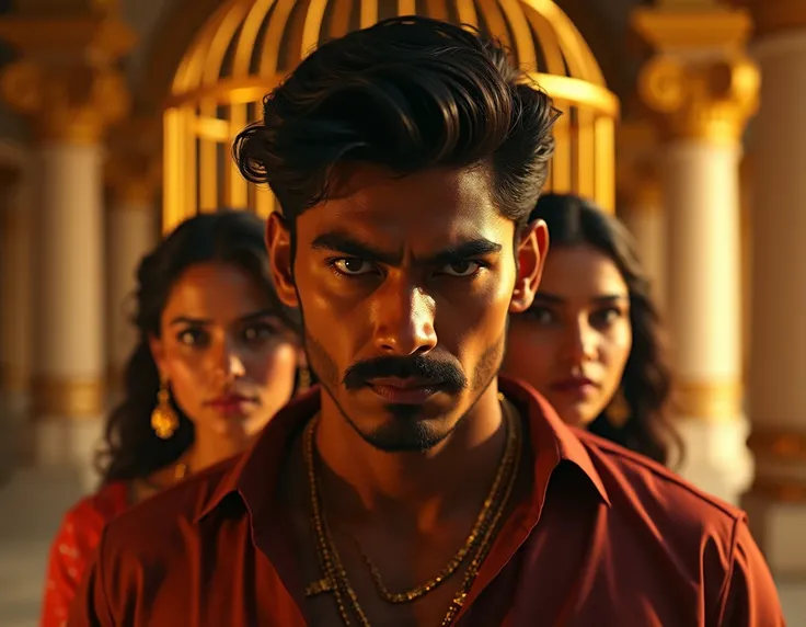 An intense 25-year-old Indian man with a rude and determined expression, standing confidently in a mid-shot. In the background, a beautiful girl with mischievous and playful youthful expressions is trapped in a golden cage. The setting features a grand, lu...