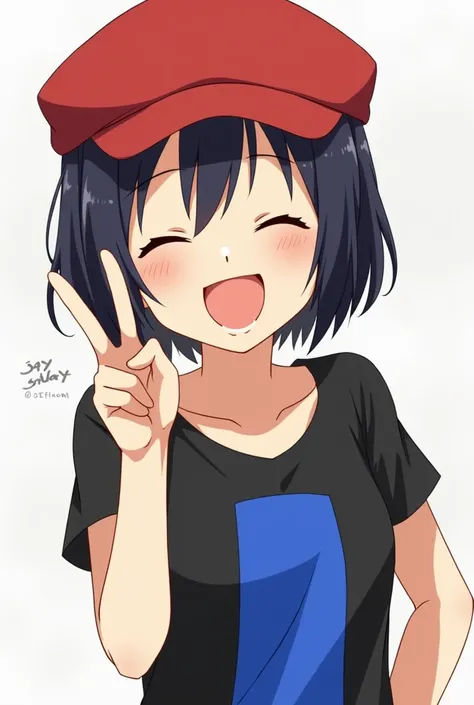  Create an anime-style character with black hair with fringe ,with a red cap , a black blouse with blue in the middle ,com ela fazendo o sinal de ✌🏻 e com ela sorrindo com os olhos fechados