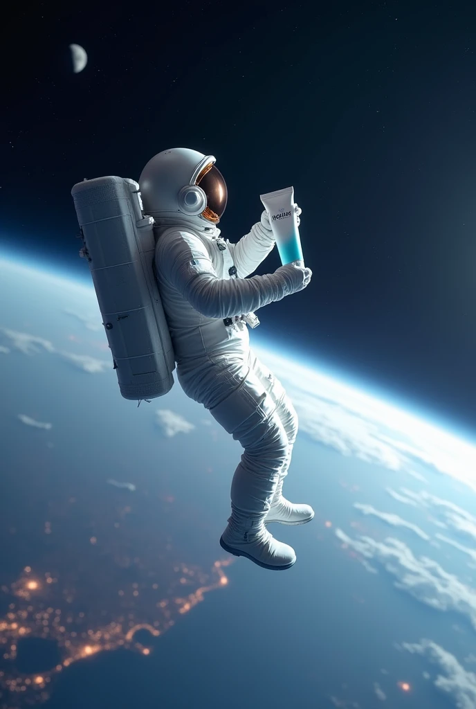 Astronaut hovering over Earth holding BlinkBlink brand skincare lotion tube, white tube alternating blue, very far away, looking at the distant world, looking at the world, distant stars, International Space Station, hovering in the distance, moon floating...