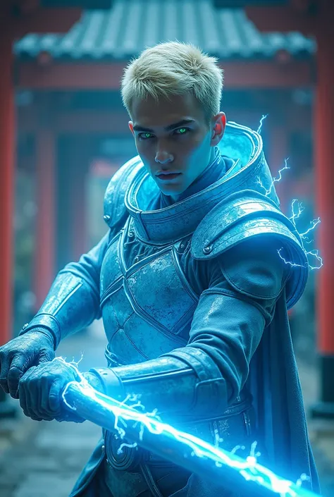 Male, pale white skin, short blonde hair, fit, glowing green eyes, strong, black eyeliner. Laser light Shinto temple background. Wearing glowing neon blue holographic armor. Holding lightning sword.