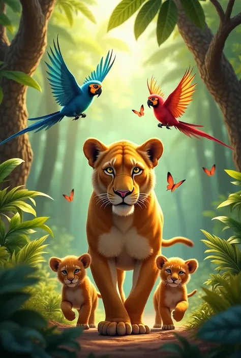  I would like to see a lioness with three cubs ,  I would like trees in the image  , macaws and butterflies in bright colors  