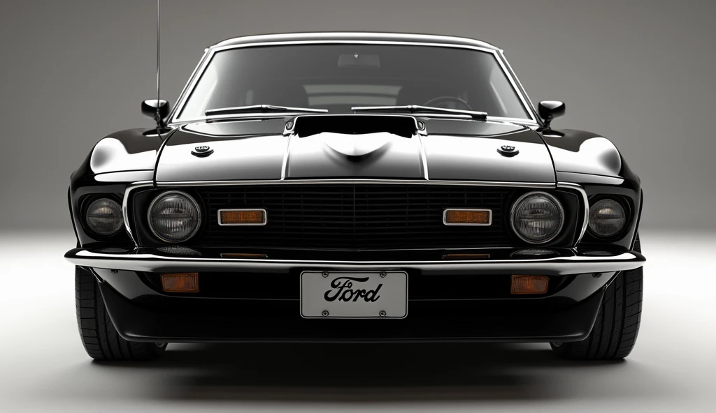 Create a 3d render of a car design featuring the1970 [ Ford Torio Cobra jet] . The car should be viewed from the [front ] view in [black] colour car. Include a [ford ] prominently on (front), The license plate should display [Cobra jet  ]. The car should h...