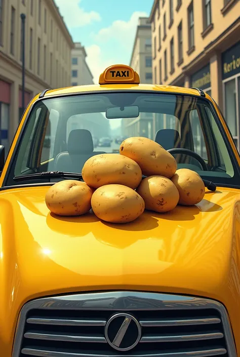 a close up of a yellow taxi with a bunch of potatoes on the front, a picture inspired by Odhise Paskali, trending on pixabay, photorealism, taxi, illustration!, johnatan wayshak, nostalgia, thumbnail, tastes, rens book cover, rens illustrated storybook, ta...