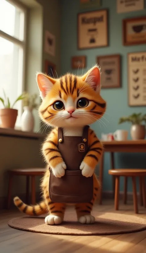 realistic image,  A small and simple coffee shop is located in the corner of its owners house,  with a small table , several chairs ,  and a wall decorated with coffee posters .  The kitten behaves like a human ,  standing behind a coffee table ,  He looks...