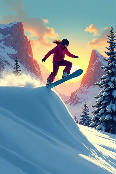 Une femme qui saute une bosse en snowboard vue du bas. Il y a beaucoup de neige et des montagnes derrière, couché de soleil et un sapin. Style comics 