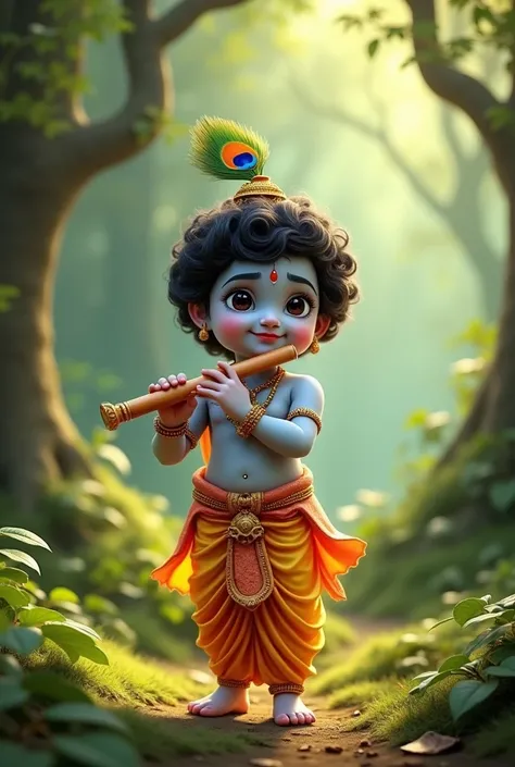 A cute little krishna in forest.  Keep smile and in the hend have flute 