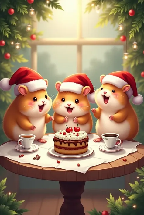 Hamsters in Santa Claus caps eat cake and drink tea for New Years Eve garlands at the round table