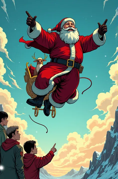 Manga Santa Claus flies into the sky with his reins and his hood is empty. Les personnages manga le regardent partir et le montre du doigts