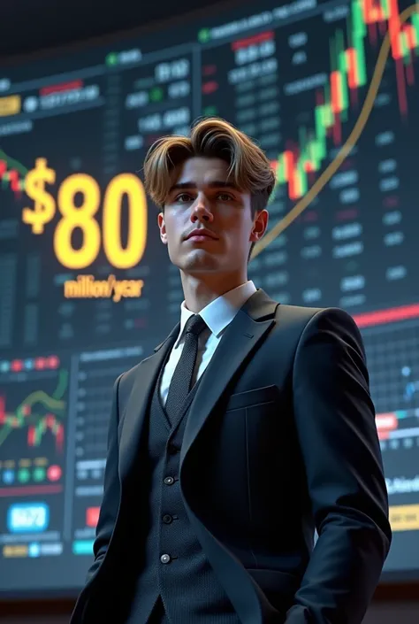 image of justin bieber standing in front of a graph board showing stock graphs, "$80 million/year" highlighted in golden text.