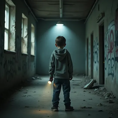 "A realistic scene of an eight-year-old boy standing alone inside an abandoned college building. The dim light filters through broken windows, casting long shadows across the dusty floors and graffiti-covered walls. The boy, dressed in a hoodie and jeans, ...