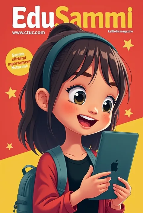 Can you generate an image for me ?  I want it to be for a magazine cover .  The cover should show a girl holding a tablet ,  and the name of the magazine should be EduSammi . Besides,  place UNSAAC in a visible place and CUSCO in another part of the image,...