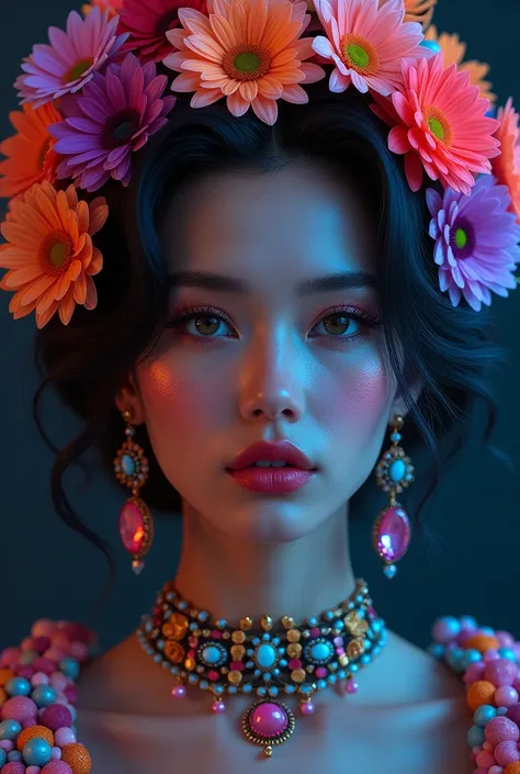 Portrait of a woman with lots of colored jewelry and flowers on her head in a dark room with neon colors 