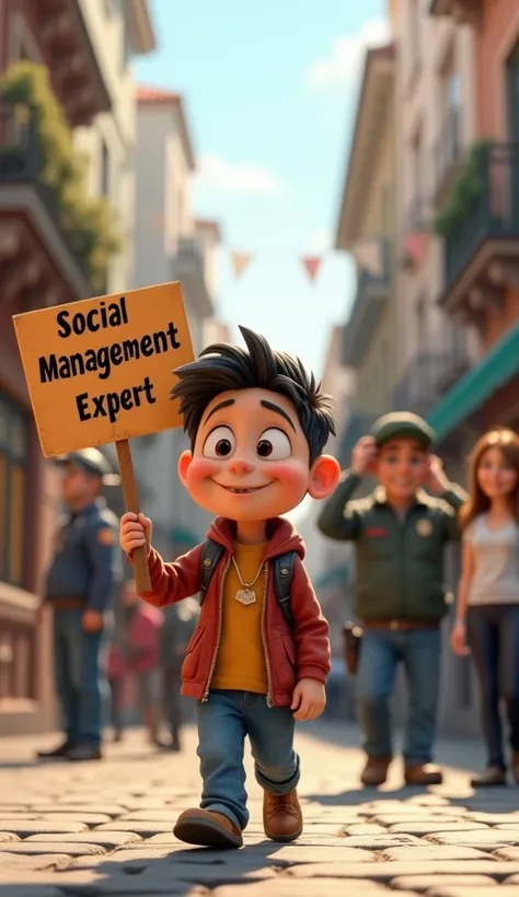 In 3D Pixar-style cartoon art, the boy beggar is walking away confidently from the scene with a smirk on his face, holding a signboard that humorously reads "Social Management Expert." Behind him, the hotel manager and policeman are scratching their heads ...