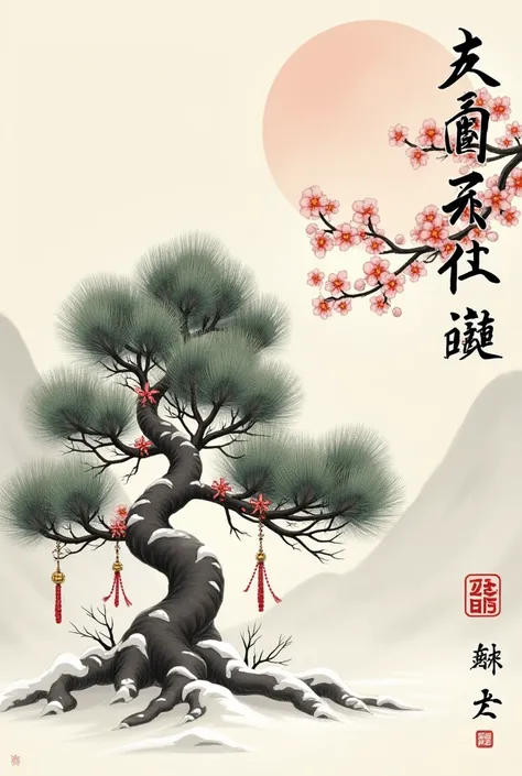  New Years ink painting 　Japan　winter　New Year&#39;s pine decoration