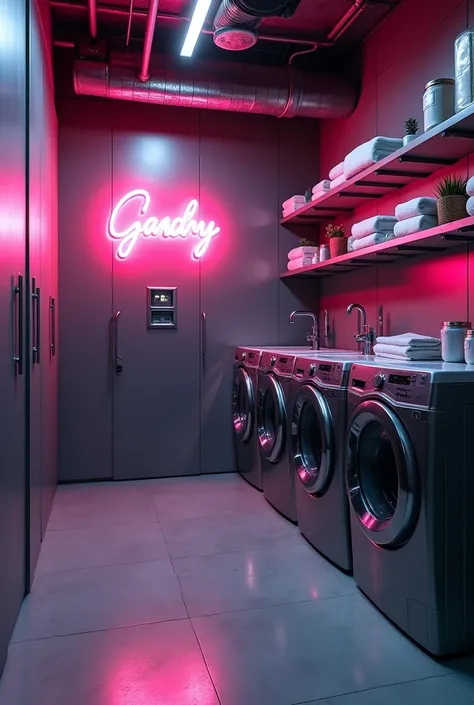 Design a modern laundry room where the walls are metallic and there is a neon sign 