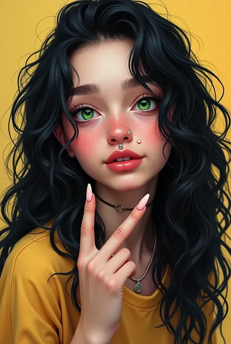  White girl with freckles green eyes black hair with pollina not so long wavy, nose and lower lip piercing ,  who is smiling and posing with her hand with two fingers 