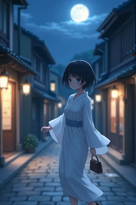  An anime girl with short black hair,with a white kimono,walking around a square at night with a bag  