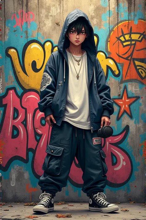 Realistic anime rapper , Undegraund graffiti Gus on a mural,,Do it in doodle mix  