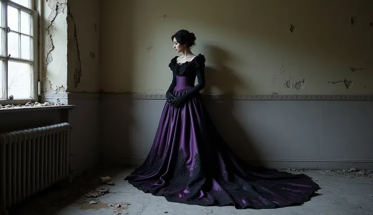  in the corner of the abandoned house there is a princess from the Victorian era all dressed in black and purple, melancholic atmosphere ,  high definition  , 4K