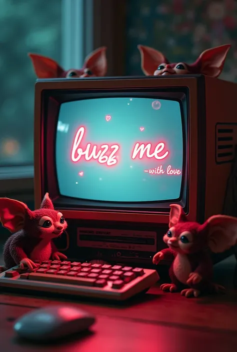 ((masterpiece, highest quality, Highest image quality, High resolution, Extremely detailed photography, 8k wallpaper)), vintage beautiful glowing monitor, screen with a love and write “Buzz me”, bottom right screen write “-with love”. Cute Gremlins 