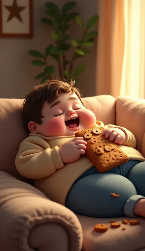 "An image of a chubby person sitting comfortably on a couch, enjoying a big pack of cookies. They’re wearing casual clothes, looking content as they munch on the cookies with crumbs scattered around. The room is cozy with soft lighting, and the couch is fi...