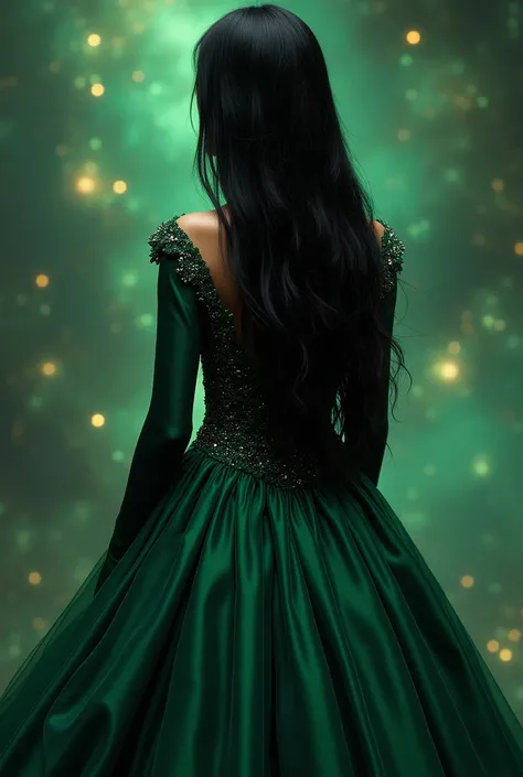 I want you to make me a picture of a girl, from the back. She has long black hair, wearing a dark emerald dress The sleeves of the dress are long, narrow from the top, wide and embellished from the bottom.  . Its like its fused with green galaxies. Backgro...