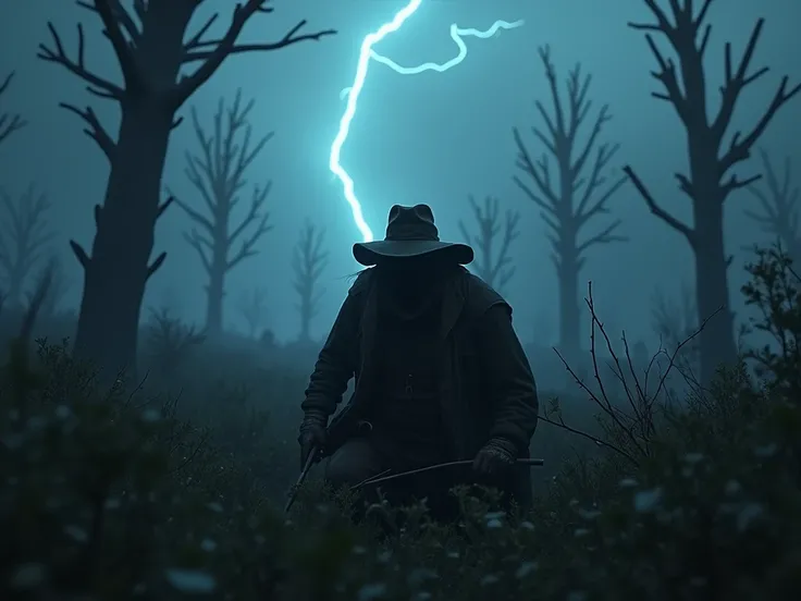 hunt: showdown 1896, thumbnail yotube, blue neon elements in the sky , hunter hides behind a bush