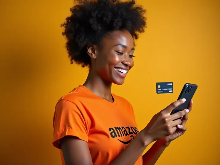  The best cell phone wallpaper , Award winning wallpaper,  portrait photograph, Front view of a portrait of a woman using an Amazon card , side photo,  Wearing a shirt with the Amazon logo ,  Strong contrast highlighting the subject , Ton fluorescent marro...