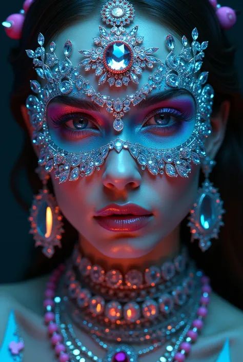 Portrait of a . Woman with lots of jewelry and a mask made up of crystals on her face with makeup and neon colors