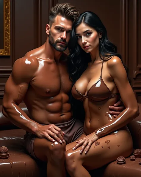 A sumptuous scene unfolds as a 30-year-old man with a quiff hairstyle and trimmed beard sits beside a young woman with a heart-shaped face and long black hair, both covered in chocolate paste. The athletic mans muscular physique is on full display, while t...