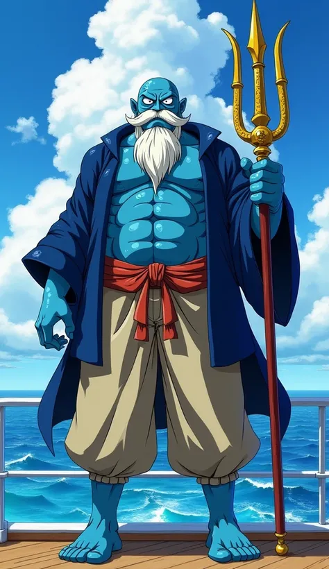 Prompt:
"A large and imposing fish-man with a dignified, calm expression and a muscular build. Jinbe’s skin is a deep, blue color with prominent scales that cover his broad shoulders, arms, and torso, highlighting his fish-man heritage. His face is strong ...