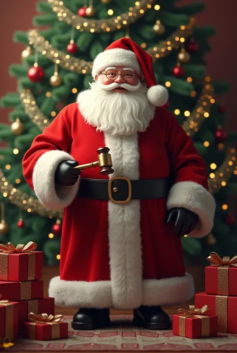 A smiling Santa Claus ,  holding a law judges hammer, a Christmas tree in the background, gift boxes on the floor 