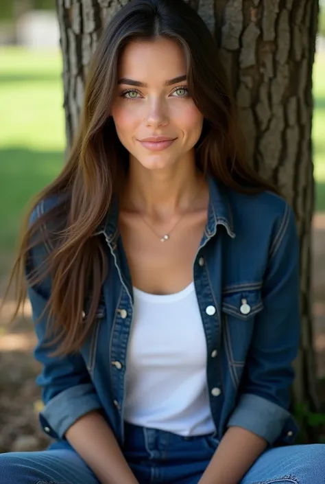 [Photorealistic, Maximum quality, Highest resolution] A girl sitting against a tree, wearing a white t-shirt with a dark blue shirt open on top, long straight dark brown hair, light green eyes, full lips, jeans, studio lighting, closeup portrait, front vie...