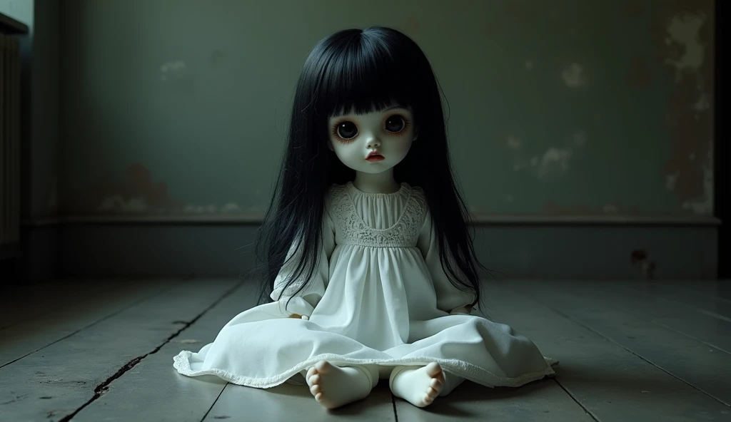 doll with black hair and white dress scary sitting on the floor looking in my direction