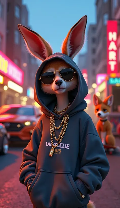 Create an image of A stylish young female kangaroo in rap style, usando moletom oversized, chains and sunglasses ,  is with friends on a busy street in Los Angeles at dusk.  The setting includes graffiti buildings , food trucks,  sports cars and neon signs...