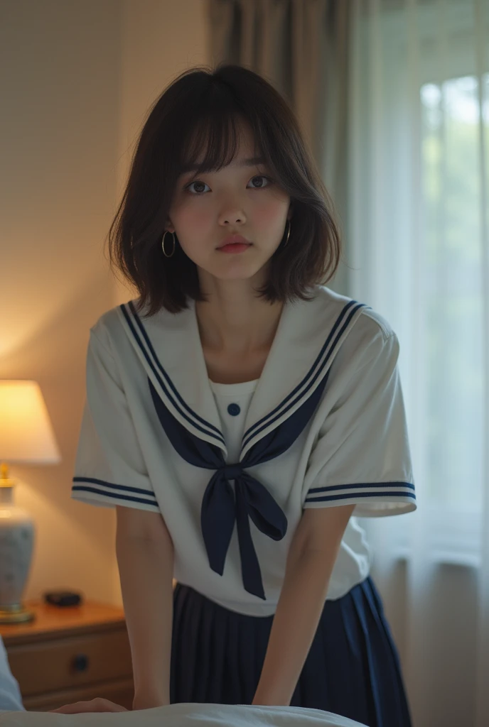 ( table top in bed,  top quality :1.4),  beautiful face, 8k, 85mm,  ( simple room in my house :1.4), classmate, ( school uniform:1.2),   dark blue pleated skirt ,  relax and stand on a large sofa,  film grain, ( cozy rim lighting ),  put your hands on the ...