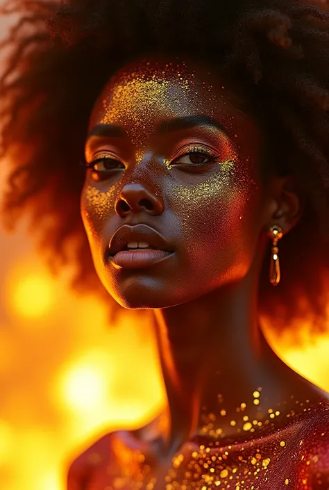 ((cinematic photography), (photorealistic), photographically correct, Afrofuturistic woman with glitter on her face, psychedelic interconnections, brilliant glow, overwhelming sparkle, intricate shimmering fabric, mystical surrealism, her luminous, hair ov...