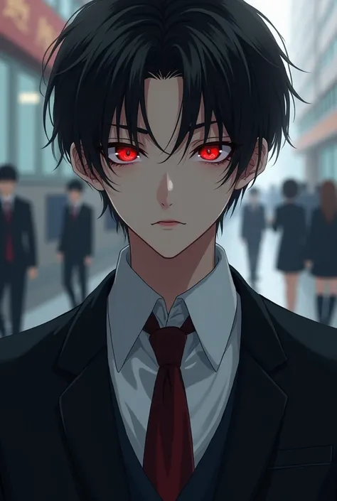 A handsome cold hi school boy who is a grim ripper price and his eyse is red  beautiful and attractive but his is look like normal like every one just his eye colour is red in manhwa type 