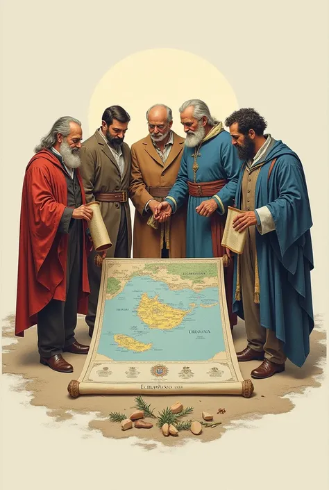 shows a symbolic pact between various representative figures of Uruguay,  that bends over a large map of the country . Everyone is holding a scroll ,  which symbolizes the concept of national cooperation .