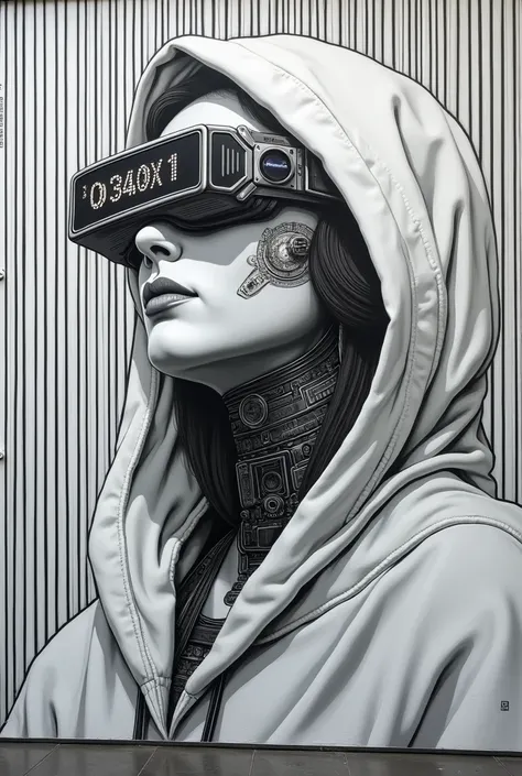 A Drawing by Verín and Bansky a mural female figure draped in a white hooded garment, with intricate mechanical and digital adornments on her face and neck. She wears a visor-like device on her forehead, which displays a series of numbers and symbols. The ...